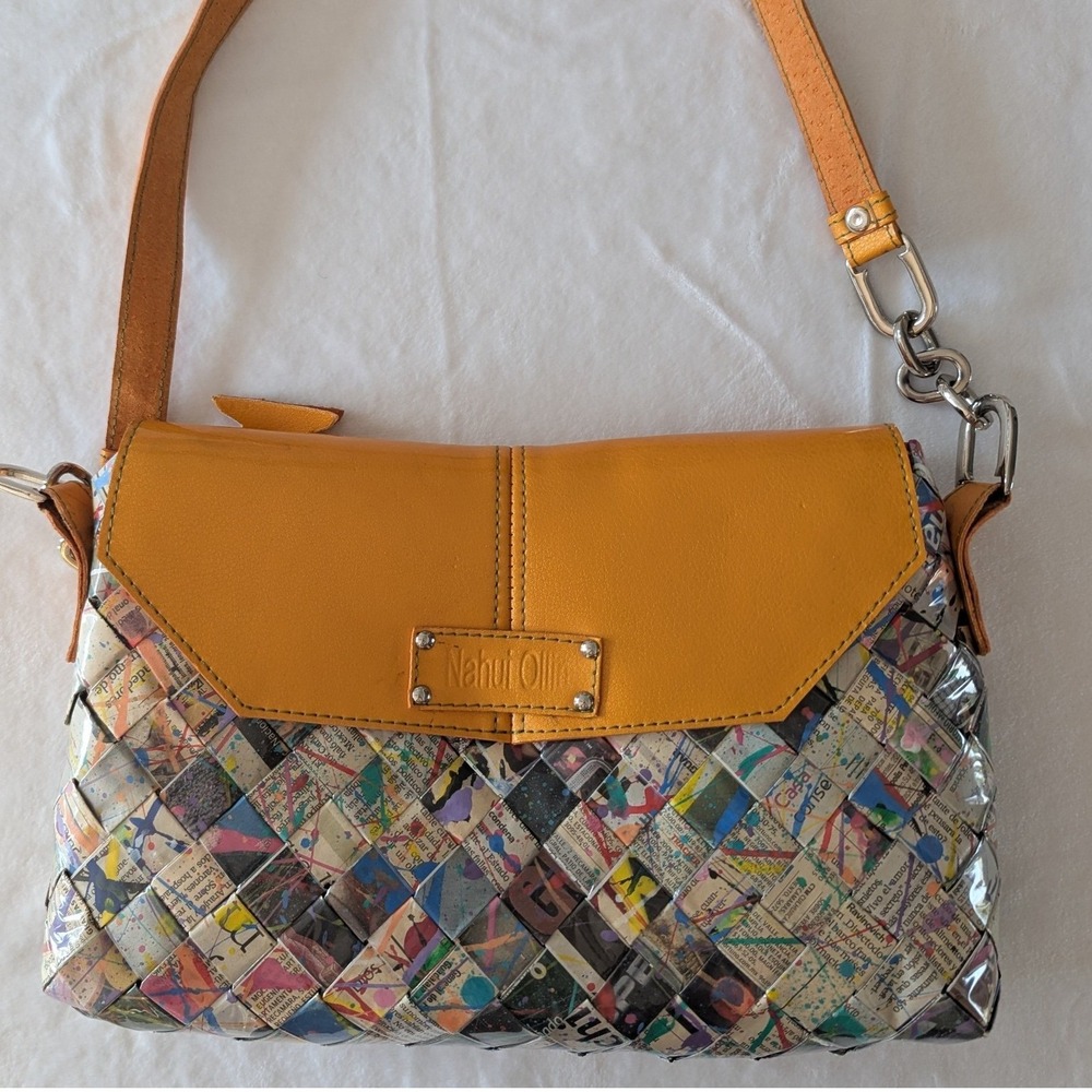 Vtg Y2K Nahui Ollin Shoulder Bag Multicolor Woven Candy Wrapper Newsprint Small